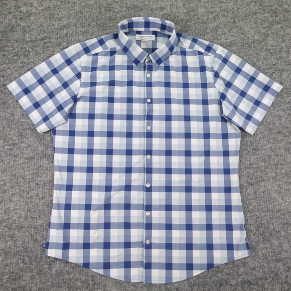 Mizzen+Main Performance Menswear XL Trim Blue Check Plaid Short Sleeve Shirt - Picture 1 of 9